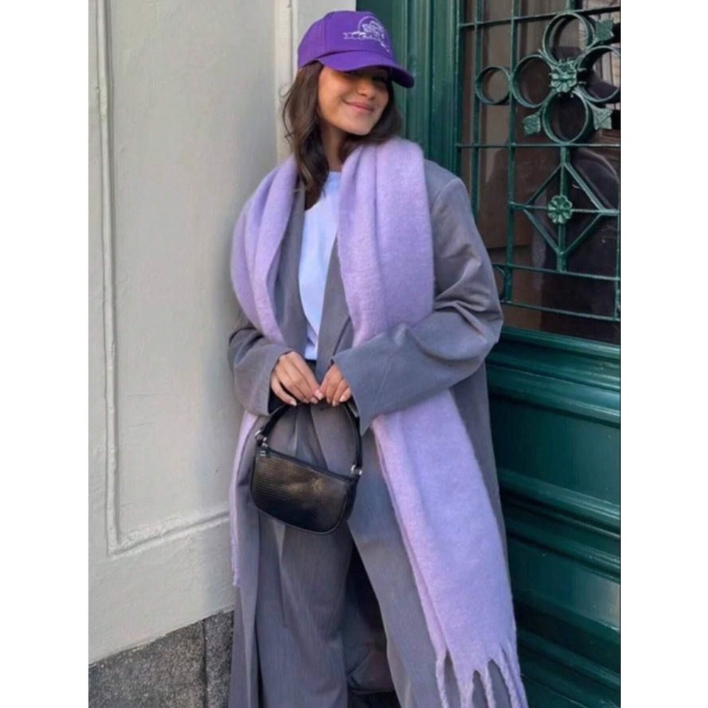 Lavender Purple Wide Shawl Scarf With Tassels Fuzzy Knit